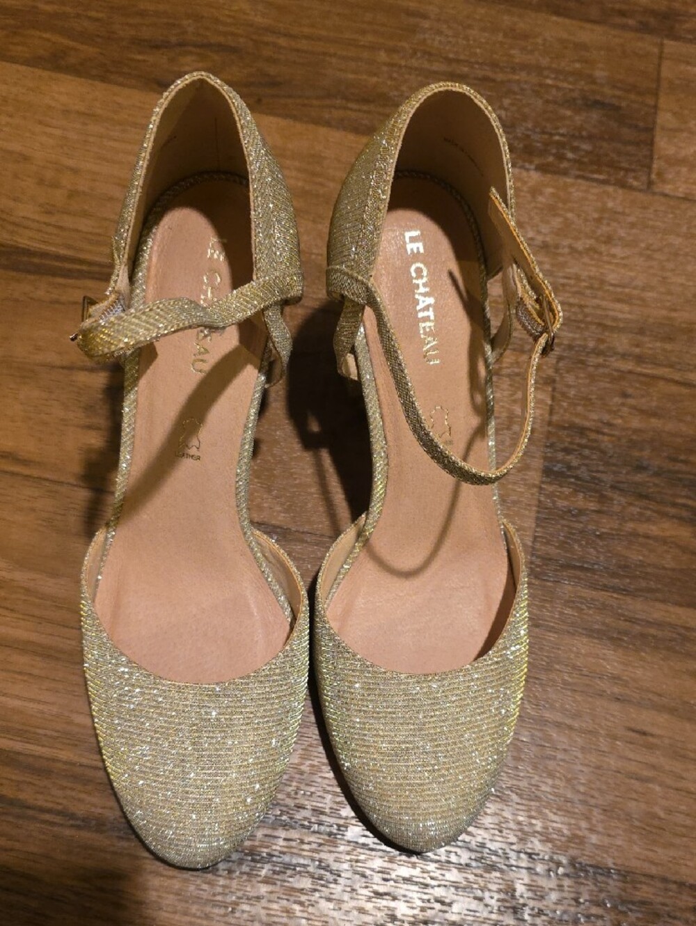 le chateau Gold Glitter Ankle-Strap Block Heels - Picture 2 of 5